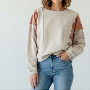 NWT Cara Loren Cream Plaid Patchwork Pullover Crewneck size small